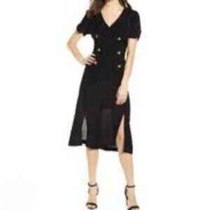 All In Favor Black Double Breasted Button Midi Dress Front Slits Crepe Medium